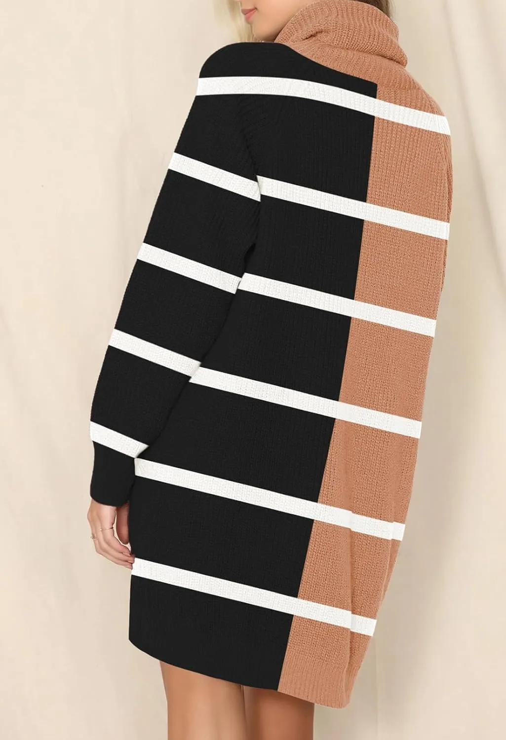 Pink Queen Women's 2024 Fall Oversized Sweater Dresses Turtleneck Long Sleeve Ribbed Pullover Knit Stripe Mini Dress
