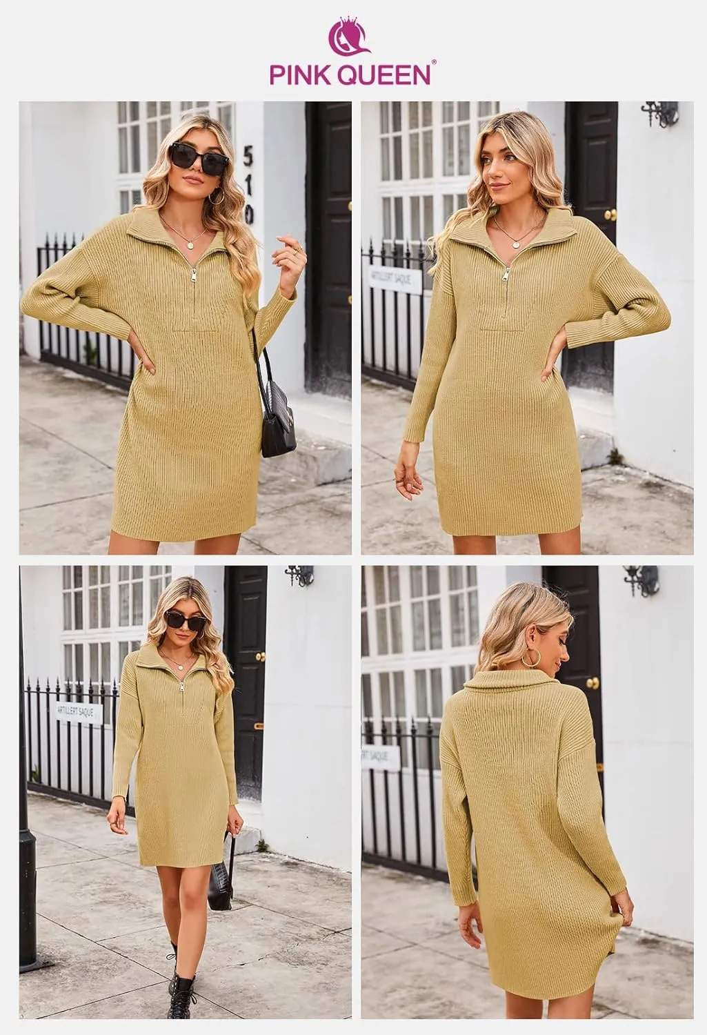 Pink Queen Women's Ribbed Long Sleeve Loose Pullover Jumper Sweater Top Casual Collared V Neck Short Dresses
