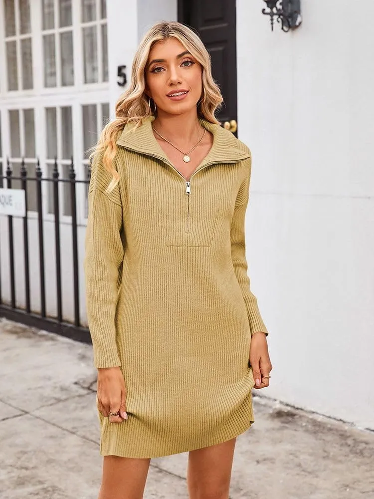 Pink Queen Women's Ribbed Long Sleeve Loose Pullover Jumper Sweater Top Casual Collared V Neck Short Dresses
