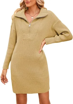 Pink Queen Women's Ribbed Long Sleeve Loose Pullover Jumper Sweater Top Casual Collared V Neck Short Dresses