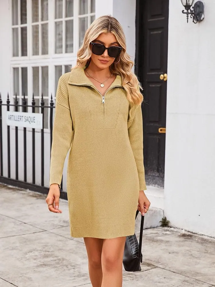 Pink Queen Women's Ribbed Long Sleeve Loose Pullover Jumper Sweater Top Casual Collared V Neck Short Dresses