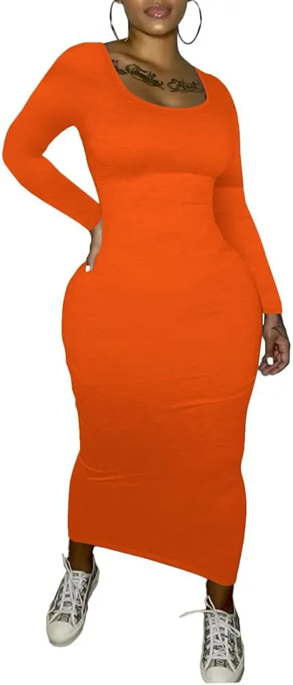 PINSV Women's Bodycon Maxi Dress Basic Scoop Neck Long Sleeve Casual Long wrap Maxi Dresses for Women