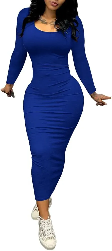 PINSV Women's Bodycon Maxi Dress Basic Scoop Neck Long Sleeve Casual Long wrap Maxi Dresses for Women