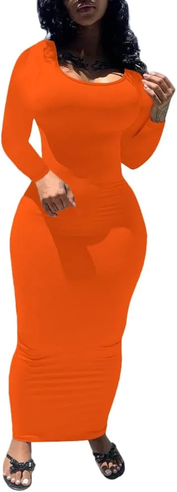 PINSV Women's Bodycon Maxi Dress Basic Scoop Neck Long Sleeve Casual Long wrap Maxi Dresses for Women