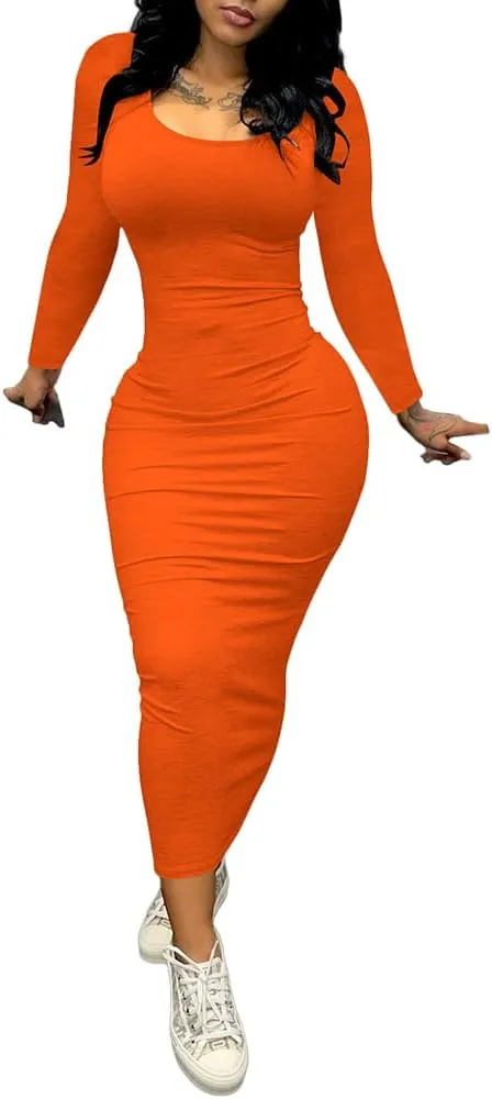 PINSV Women's Bodycon Maxi Dress Basic Scoop Neck Long Sleeve Casual Long wrap Maxi Dresses for Women