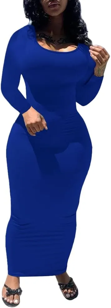 PINSV Women's Bodycon Maxi Dress Basic Scoop Neck Long Sleeve Casual Long wrap Maxi Dresses for Women