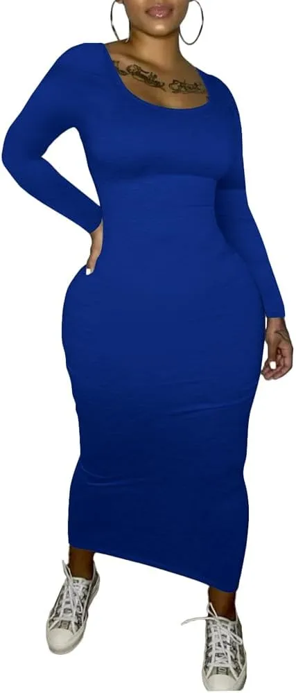 PINSV Women's Bodycon Maxi Dress Basic Scoop Neck Long Sleeve Casual Long wrap Maxi Dresses for Women