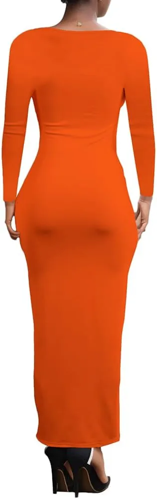 PINSV Women's Bodycon Maxi Dress Basic Scoop Neck Long Sleeve Casual Long wrap Maxi Dresses for Women