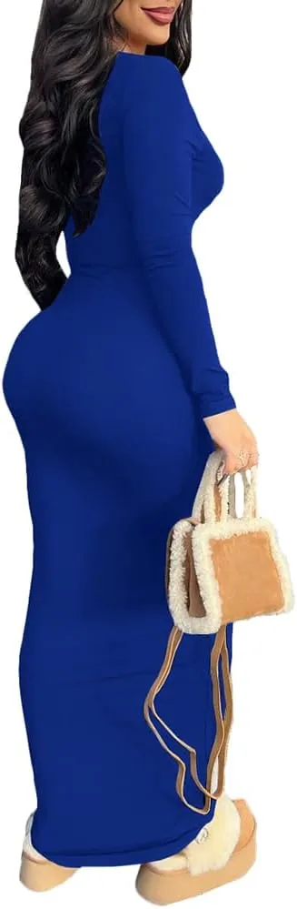 PINSV Women's Bodycon Maxi Dress Basic Scoop Neck Long Sleeve Casual Long wrap Maxi Dresses for Women