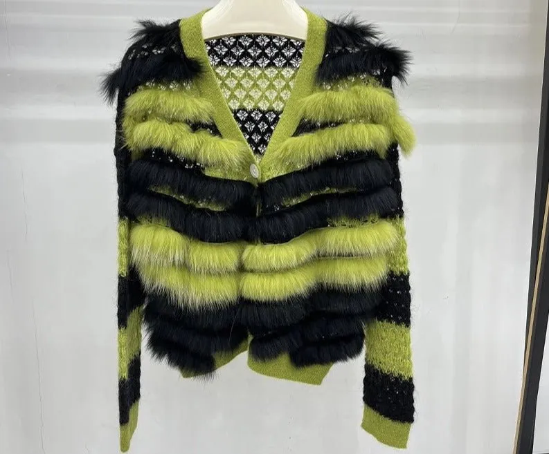 Pre Order:  Fox Fur Stripes Knit Jacket