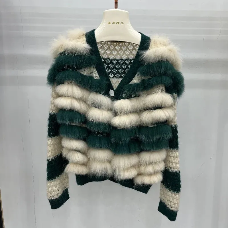 Pre Order:  Fox Fur Stripes Knit Jacket
