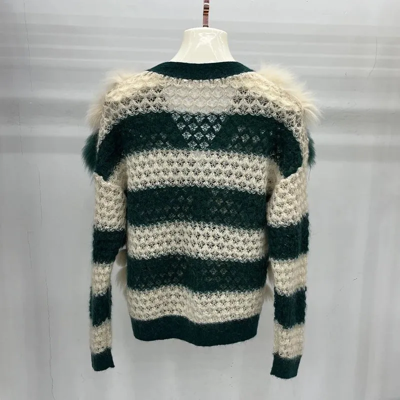 Pre Order:  Fox Fur Stripes Knit Jacket