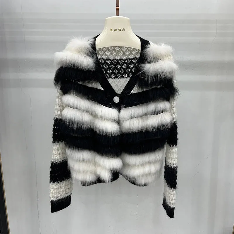 Pre Order:  Fox Fur Stripes Knit Jacket