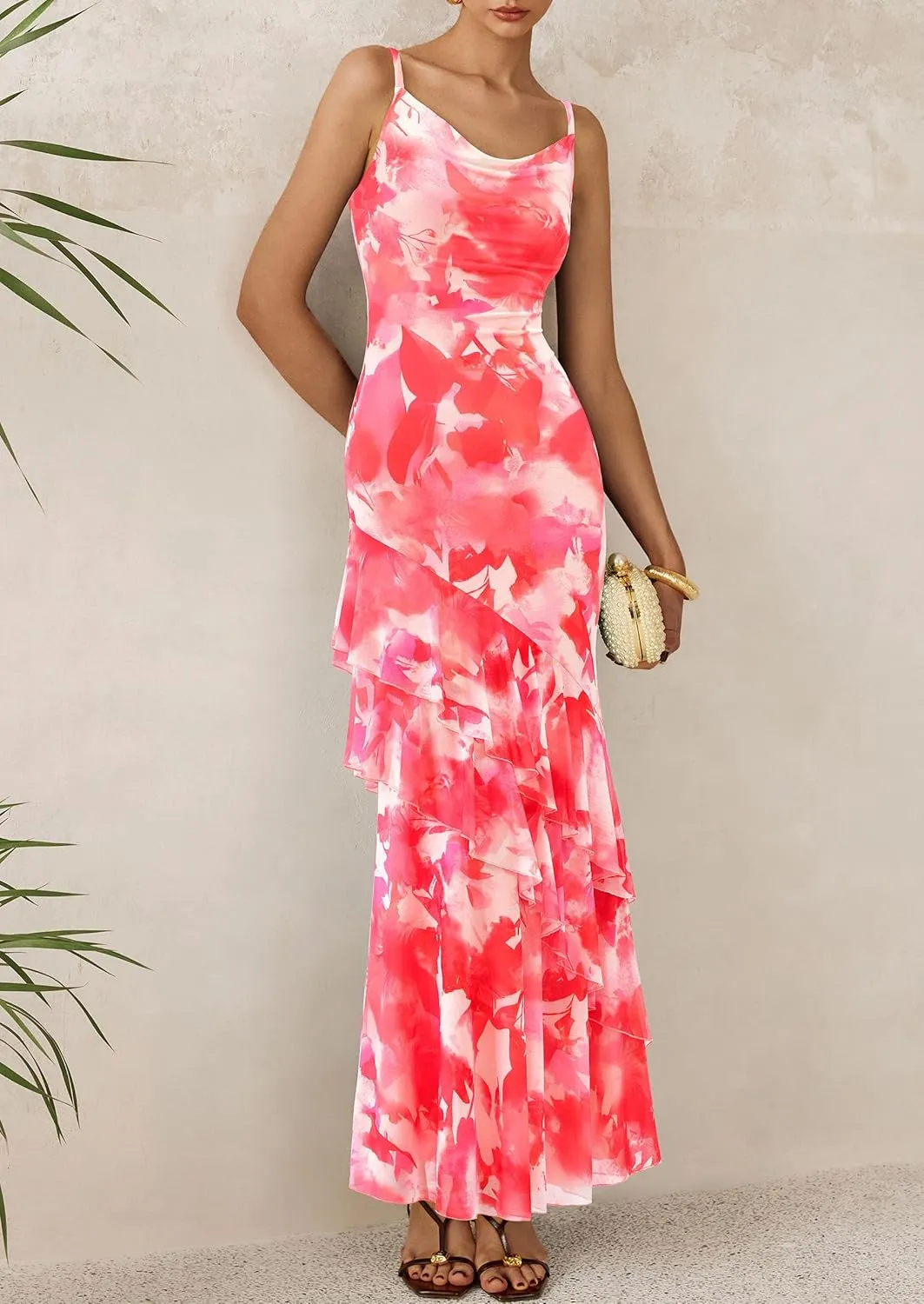 PRETTYGARDEN Maxi Dresses for Women 2025 Floral Beach Sundress Spaghetti Strap Tiered Summer Wedding Guest Long Dress