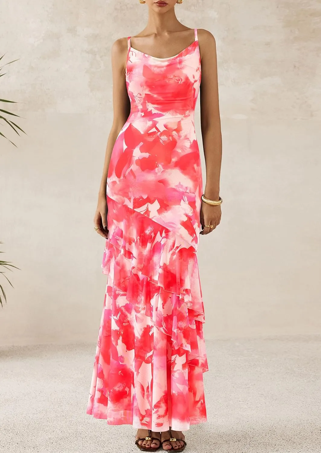 PRETTYGARDEN Maxi Dresses for Women 2025 Floral Beach Sundress Spaghetti Strap Tiered Summer Wedding Guest Long Dress