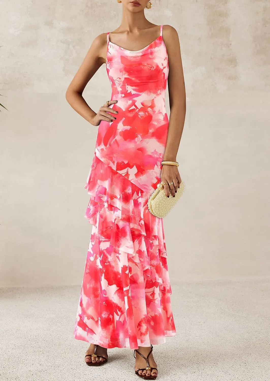 PRETTYGARDEN Maxi Dresses for Women 2025 Floral Beach Sundress Spaghetti Strap Tiered Summer Wedding Guest Long Dress