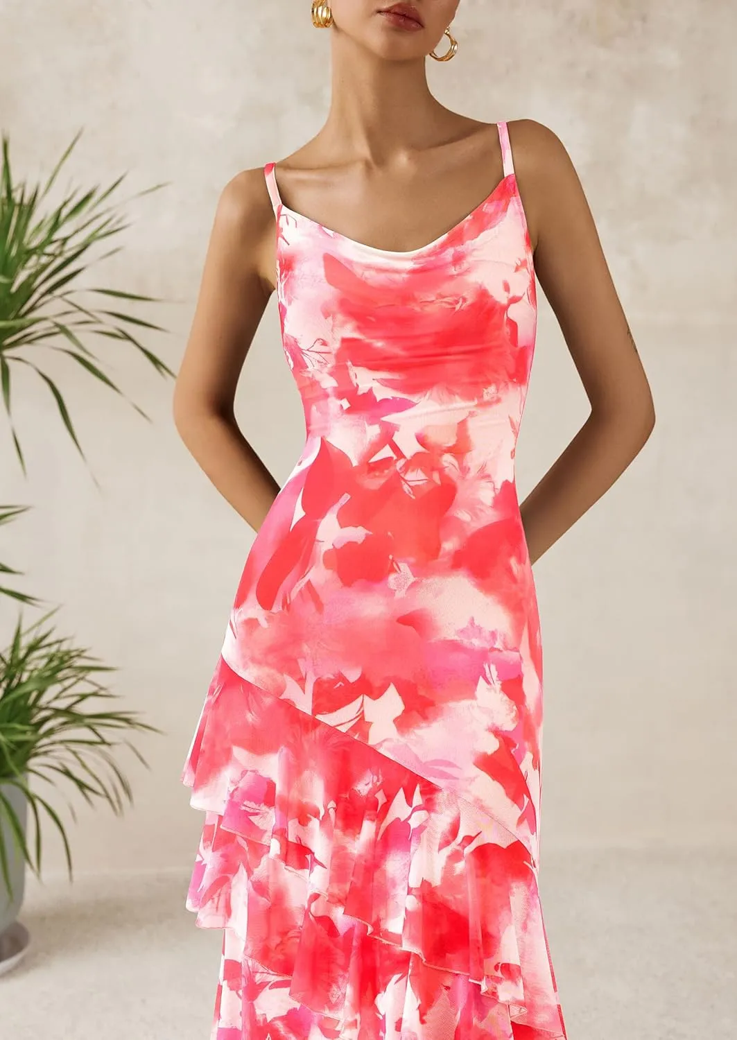 PRETTYGARDEN Maxi Dresses for Women 2025 Floral Beach Sundress Spaghetti Strap Tiered Summer Wedding Guest Long Dress
