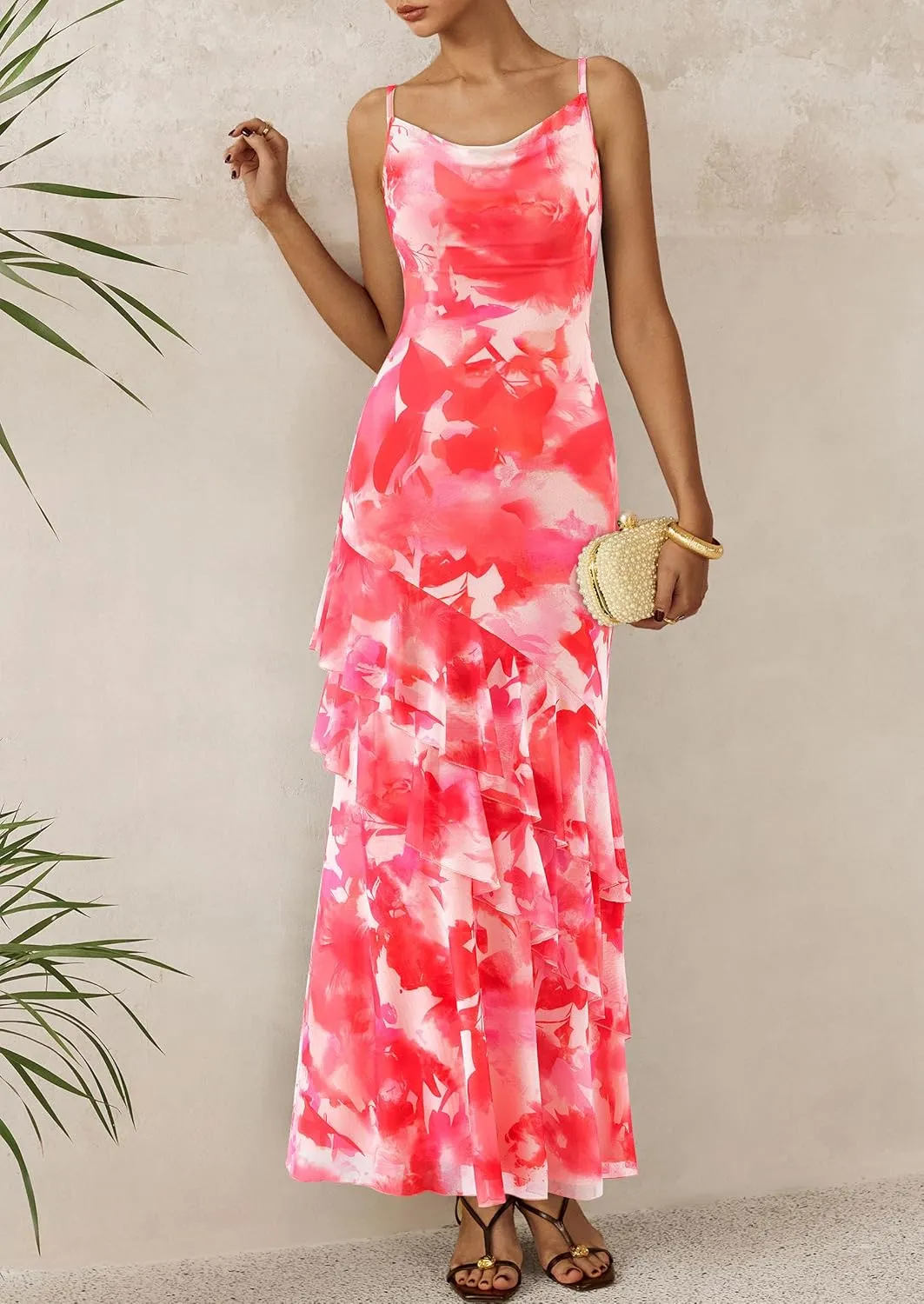 PRETTYGARDEN Maxi Dresses for Women 2025 Floral Beach Sundress Spaghetti Strap Tiered Summer Wedding Guest Long Dress
