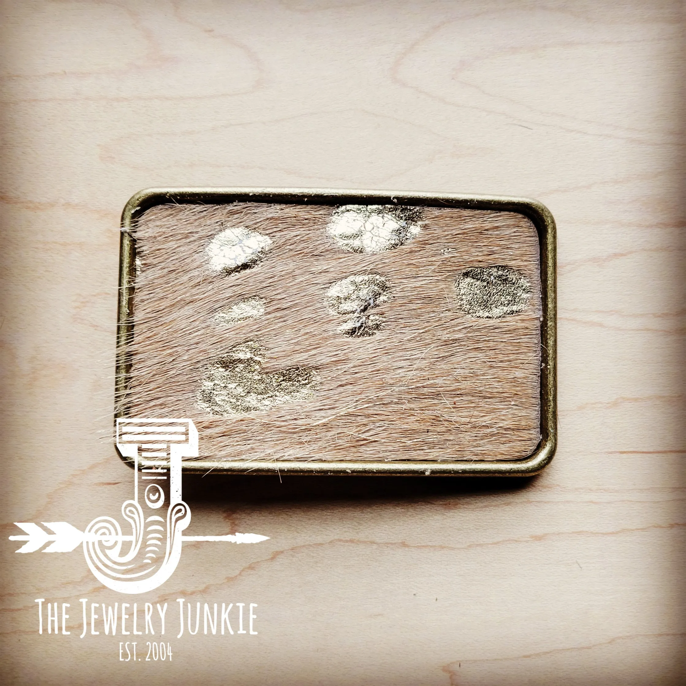 **Rectangle Leather Belt Buckle Tan Metallic Hair-on-Hide 904s