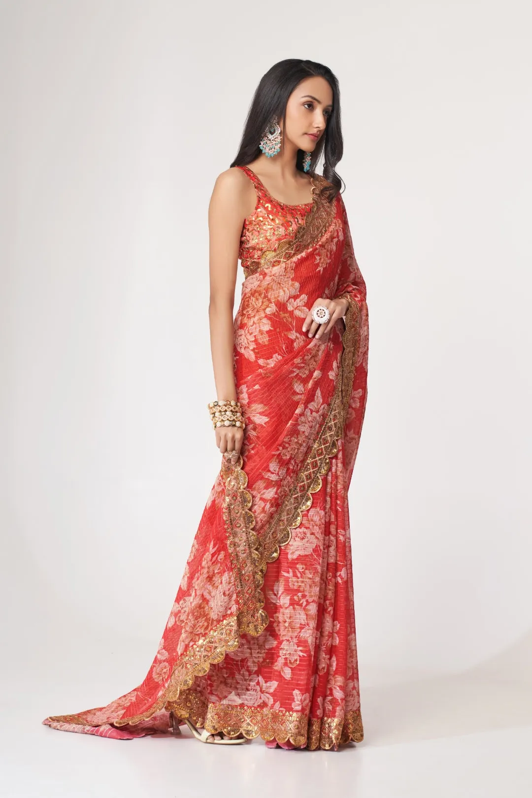 Red Organza Saree with Sequin Embroidery and Digital Print
