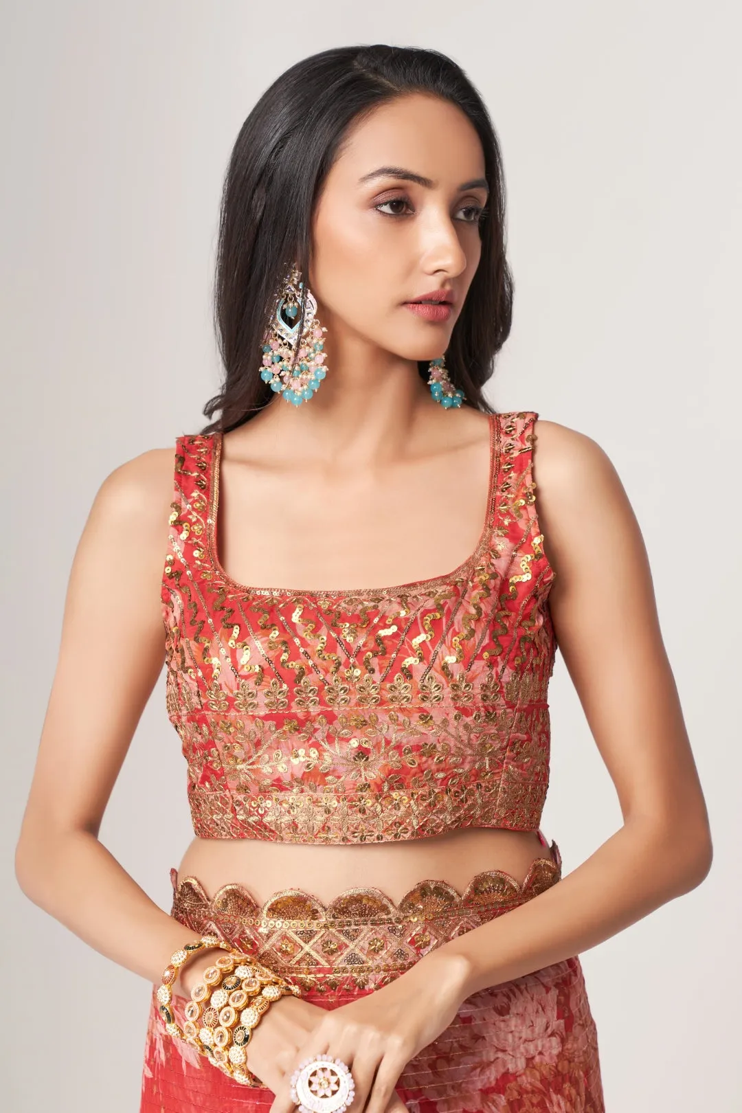 Red Organza Saree with Sequin Embroidery and Digital Print