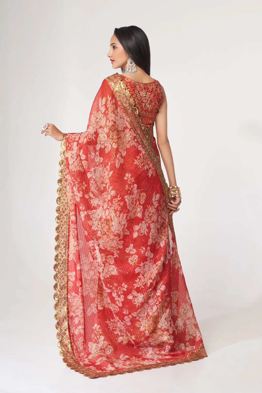 Red Organza Saree with Sequin Embroidery and Digital Print