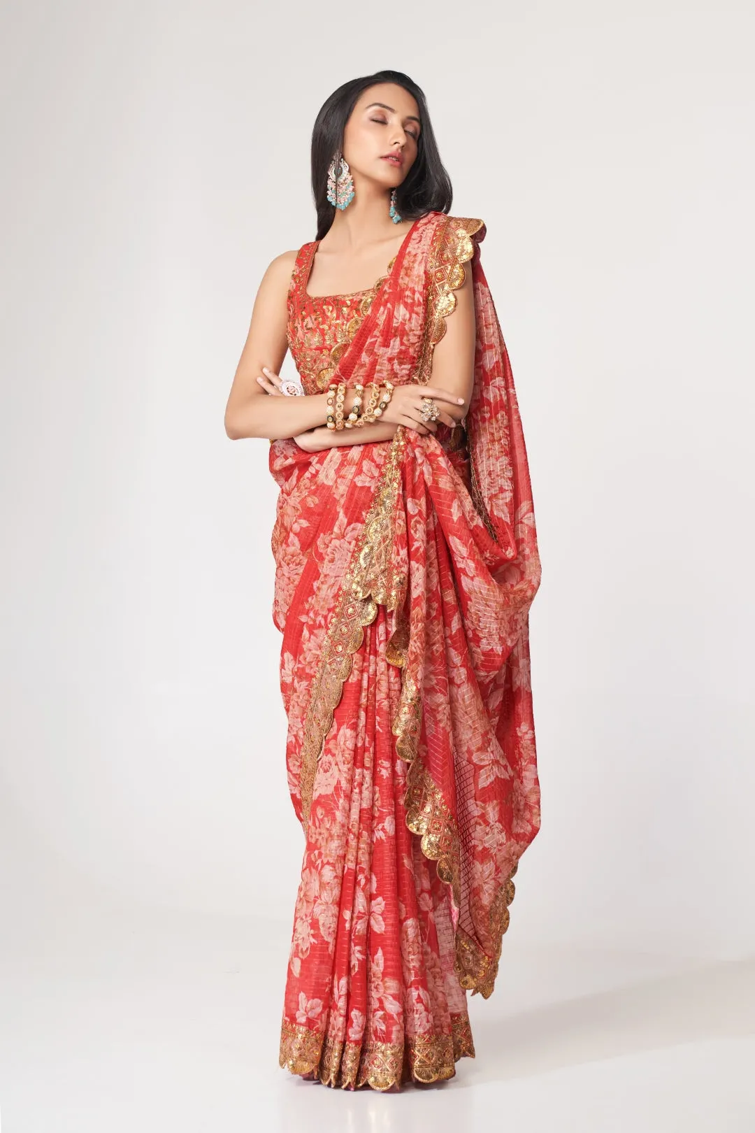 Red Organza Saree with Sequin Embroidery and Digital Print
