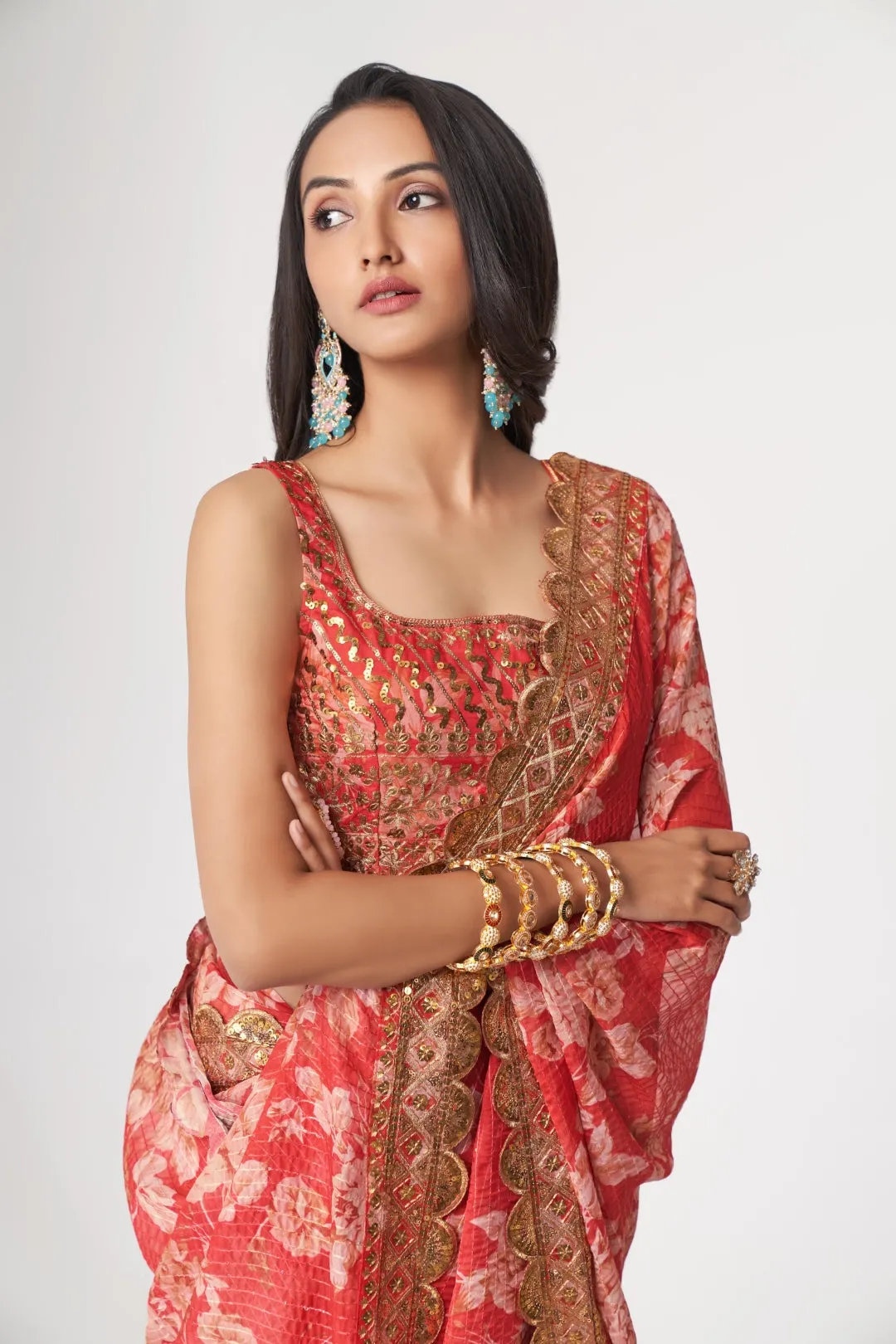 Red Organza Saree with Sequin Embroidery and Digital Print