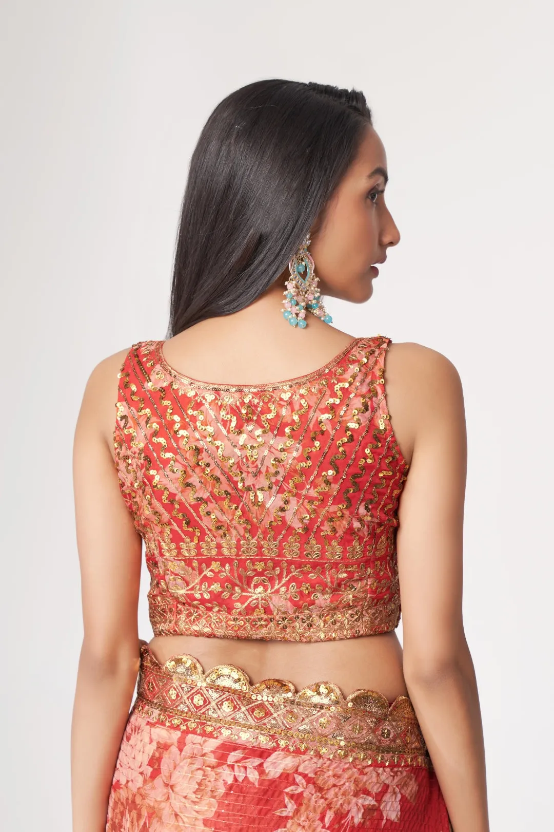 Red Organza Saree with Sequin Embroidery and Digital Print