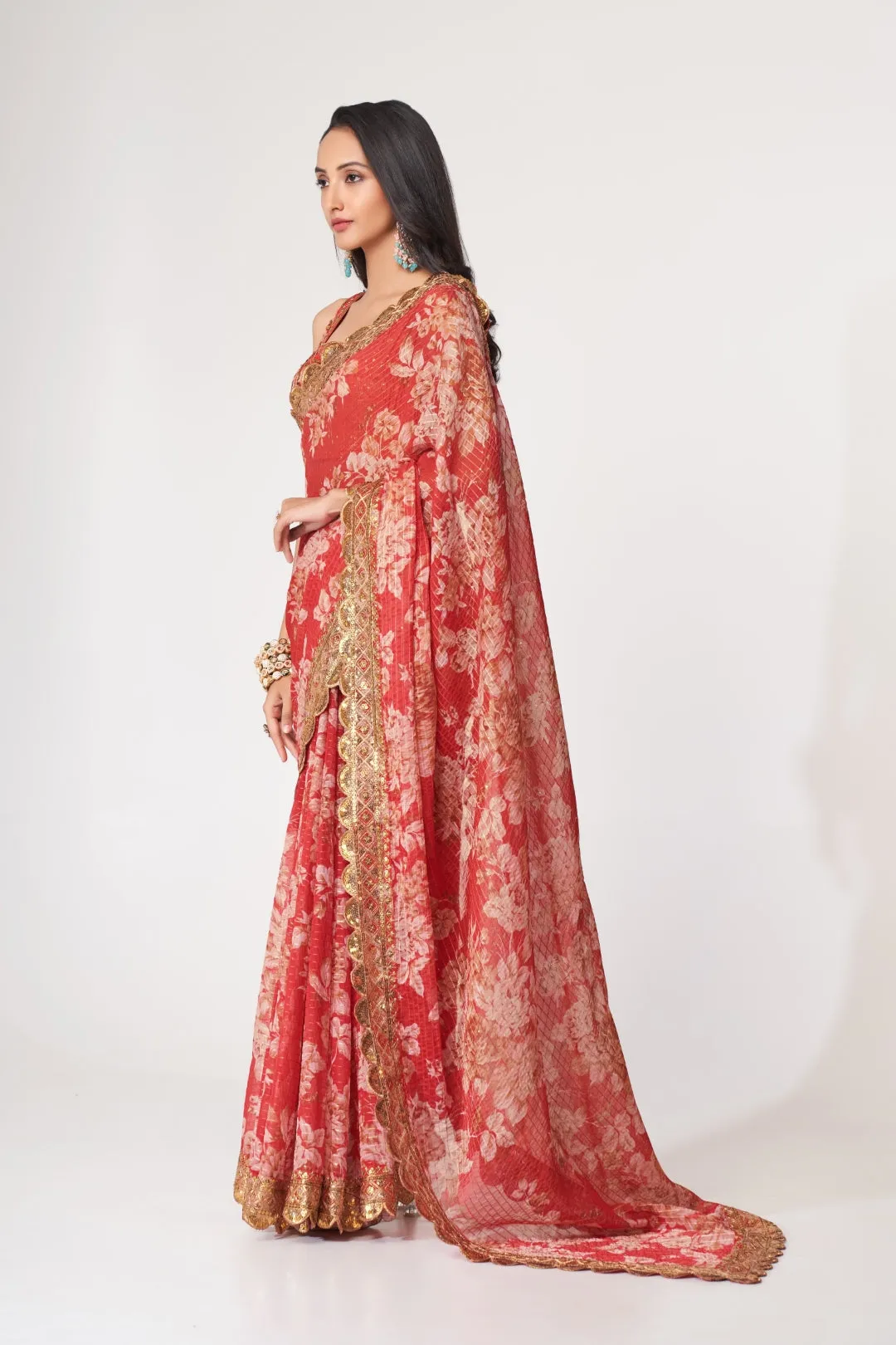 Red Organza Saree with Sequin Embroidery and Digital Print