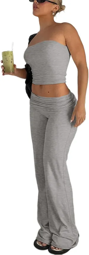 Sexy Women's 2 Piece Lounge Sets Pajama Outfits Casual Workout Crop tube Top High Waist Wide Leg Foldover Flare Pants
