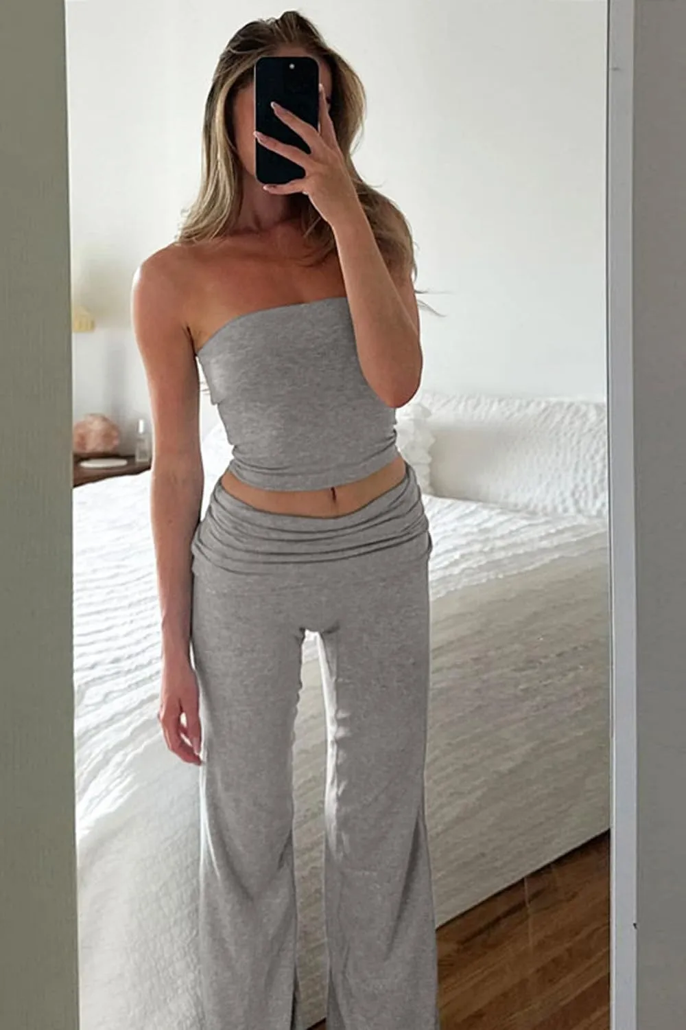 Sexy Women's 2 Piece Lounge Sets Pajama Outfits Casual Workout Crop tube Top High Waist Wide Leg Foldover Flare Pants