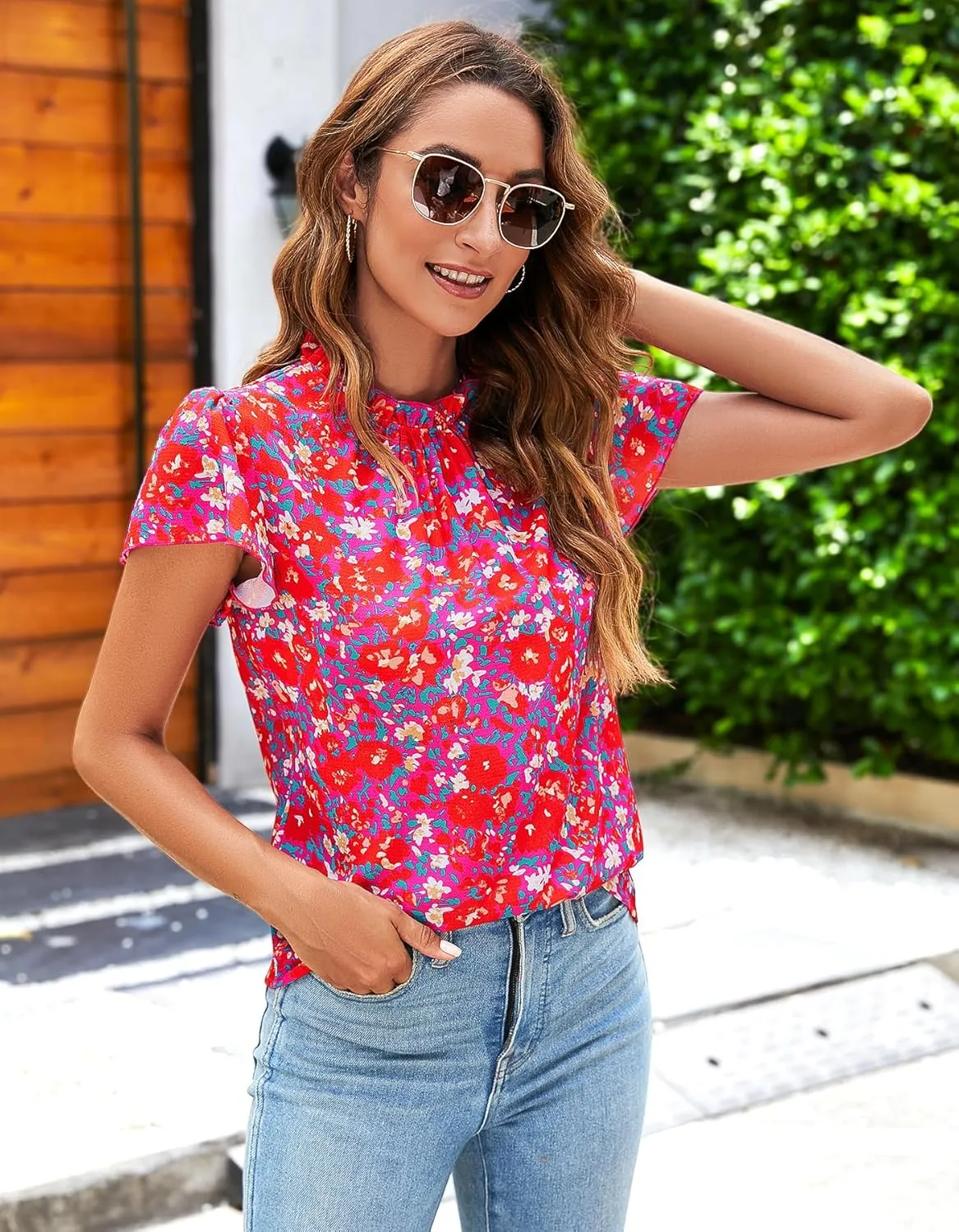 SimpleFun Women Boho Shirts Floral Ruffle Short Sleeve Mock Neck Flowy Casual Summer Blouses Tops