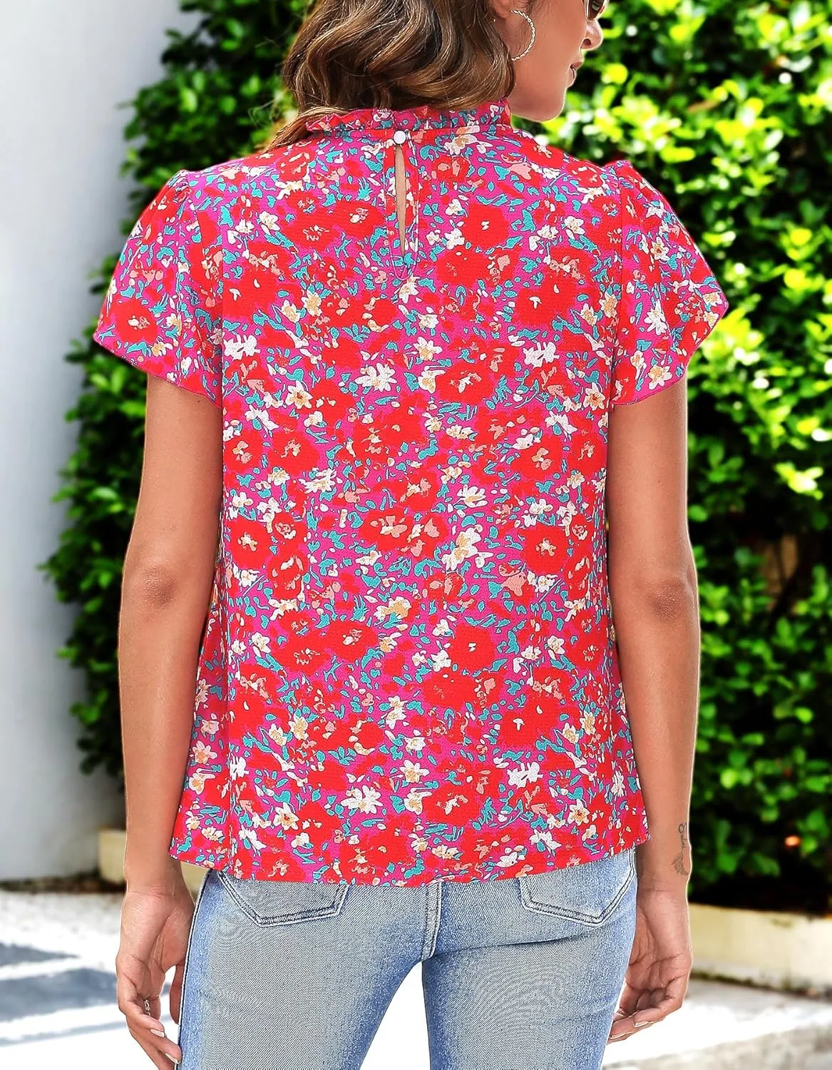 SimpleFun Women Boho Shirts Floral Ruffle Short Sleeve Mock Neck Flowy Casual Summer Blouses Tops