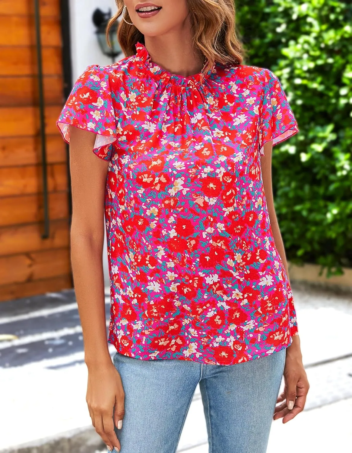 SimpleFun Women Boho Shirts Floral Ruffle Short Sleeve Mock Neck Flowy Casual Summer Blouses Tops