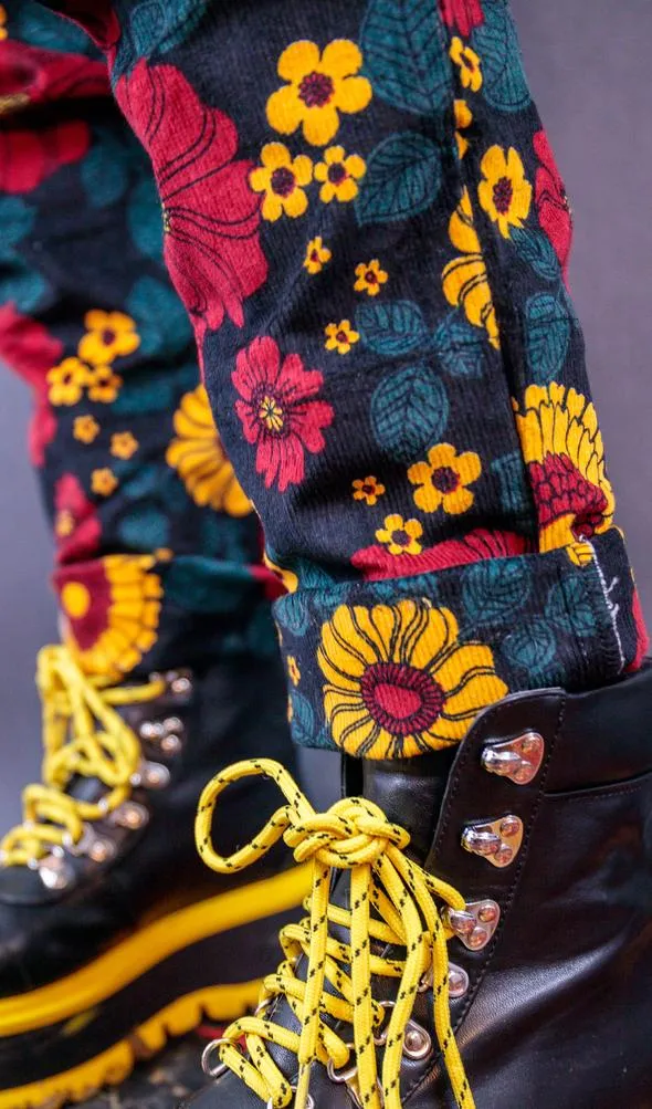 Stretch Corduroy Retro Floral Dungarees