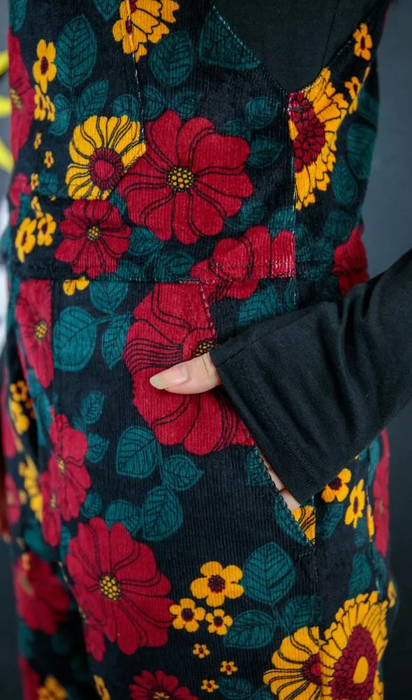 Stretch Corduroy Retro Floral Dungarees