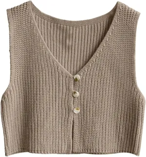 SweatyRocks Women's Button Front Sweater Vest Split V Neck Sleeveless Crop Knit Tops