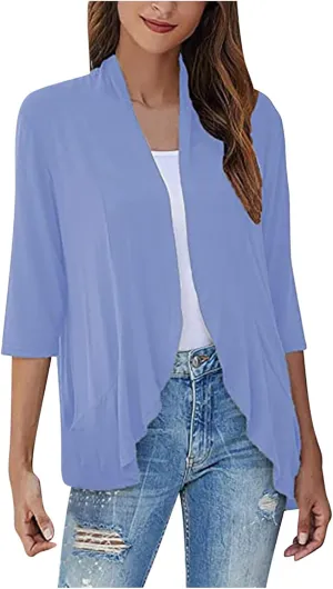 Wkishenl Women's 3/4 Sleeve Cardigan Summer Lightweight Cardigans Solid Draped Front Open Tops Casual Comfy Going Out Shirts