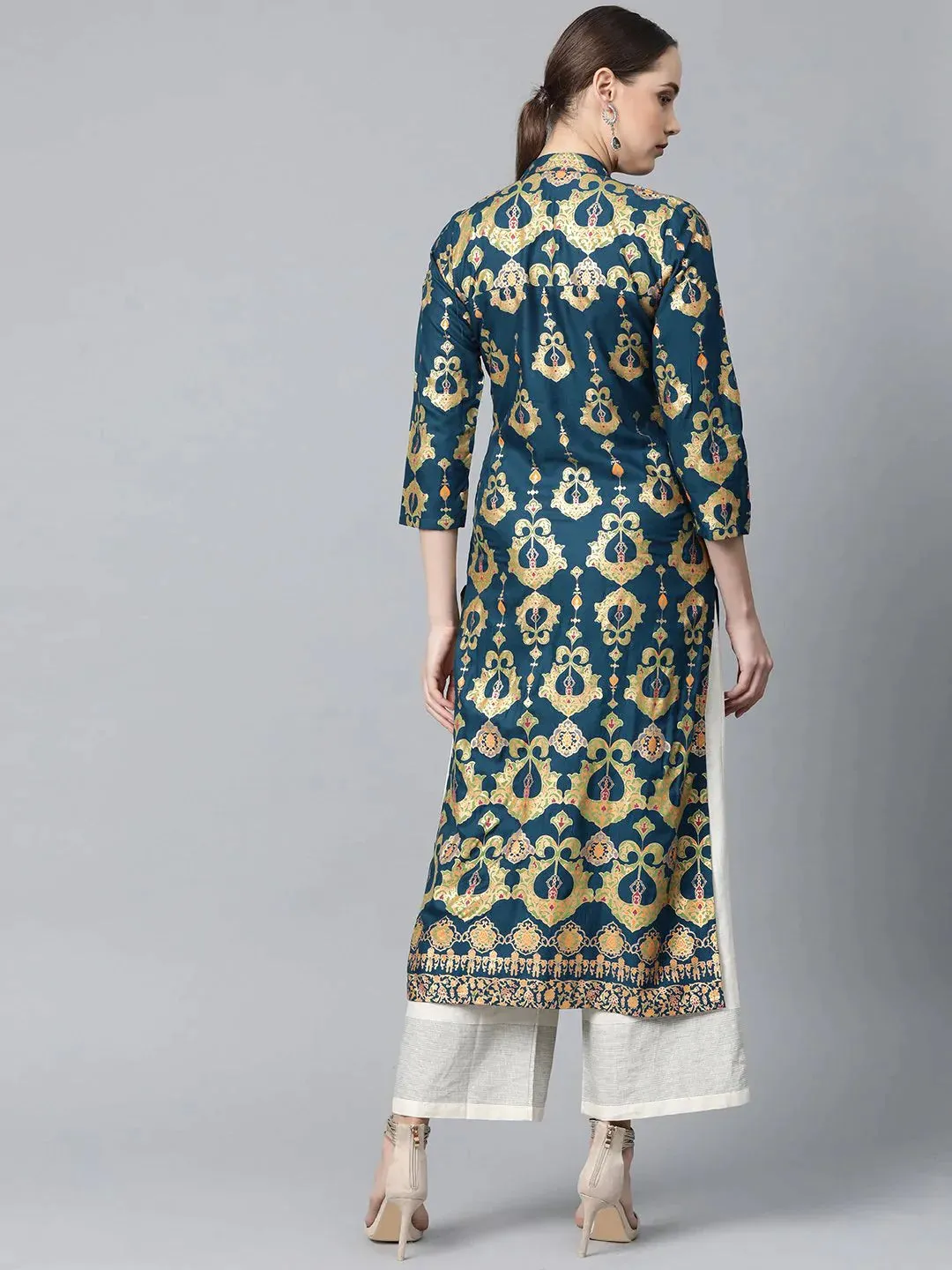 Women Teal Blue & Fluorescent Green Printed Straight Kurta