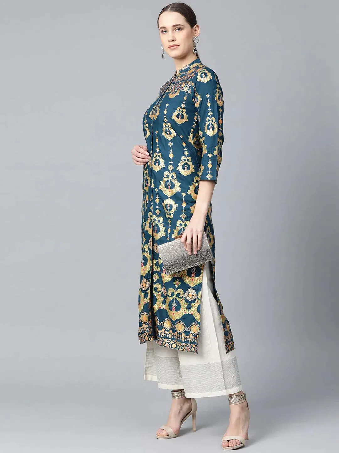 Women Teal Blue & Fluorescent Green Printed Straight Kurta
