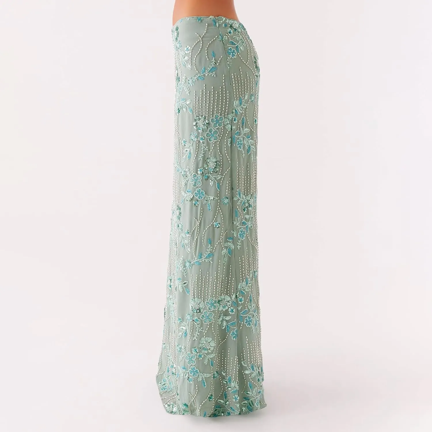 Women Y2k Sequin Long Skirt Bead Floral Embroidery Maxi Skirt Low Waist Rhinestone Glitter Bodycon Club Skirt