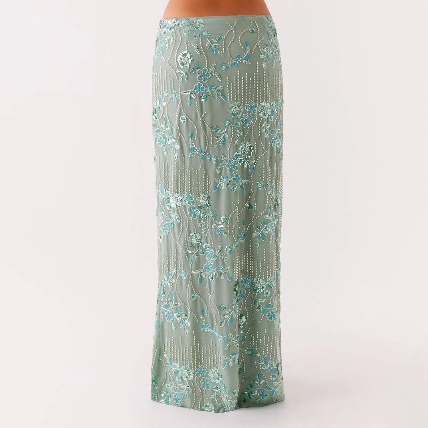 Women Y2k Sequin Long Skirt Bead Floral Embroidery Maxi Skirt Low Waist Rhinestone Glitter Bodycon Club Skirt