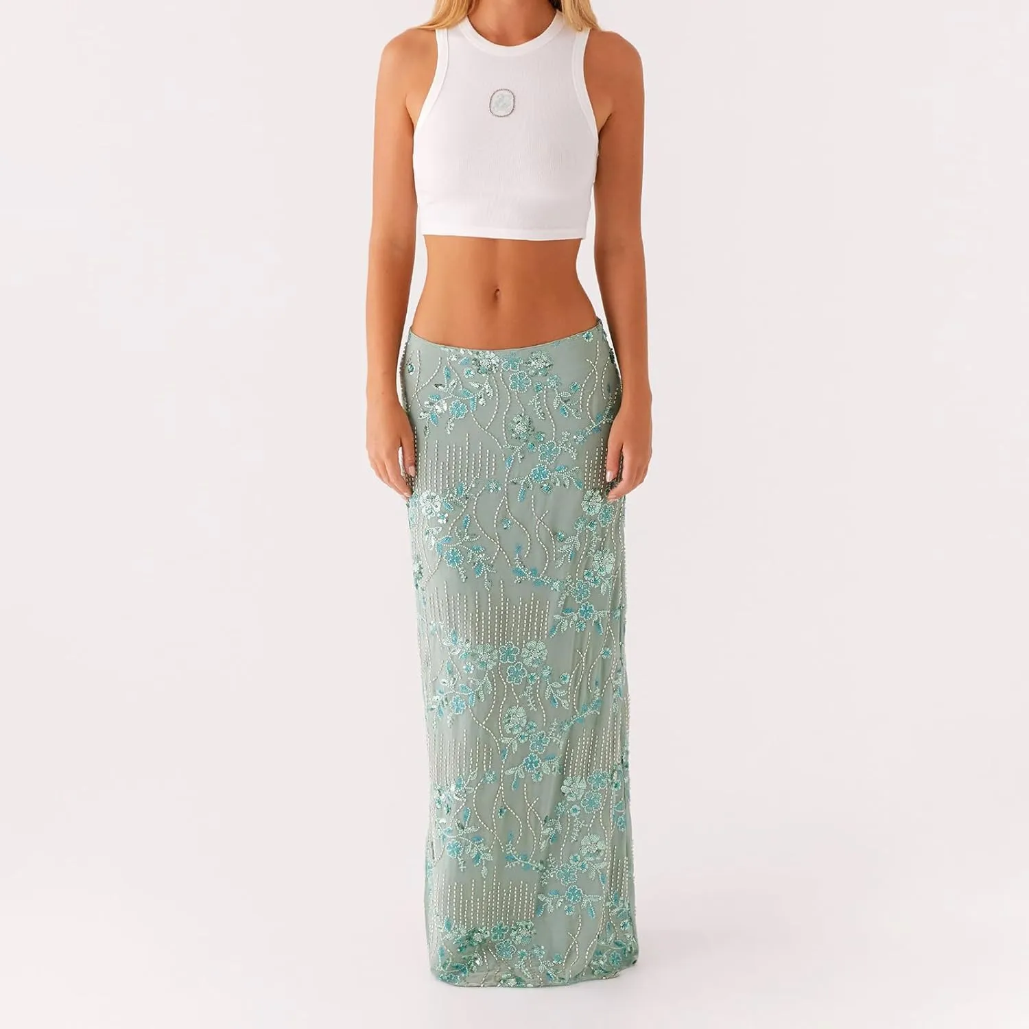 Women Y2k Sequin Long Skirt Bead Floral Embroidery Maxi Skirt Low Waist Rhinestone Glitter Bodycon Club Skirt
