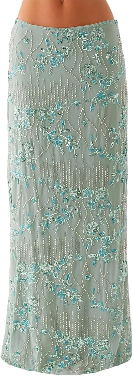 Women Y2k Sequin Long Skirt Bead Floral Embroidery Maxi Skirt Low Waist Rhinestone Glitter Bodycon Club Skirt