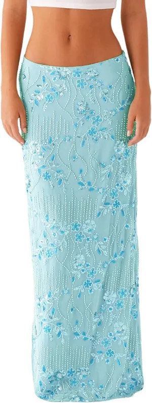 Women Y2k Sequin Long Skirt Bead Floral Embroidery Maxi Skirt Low Waist Rhinestone Glitter Bodycon Club Skirt
