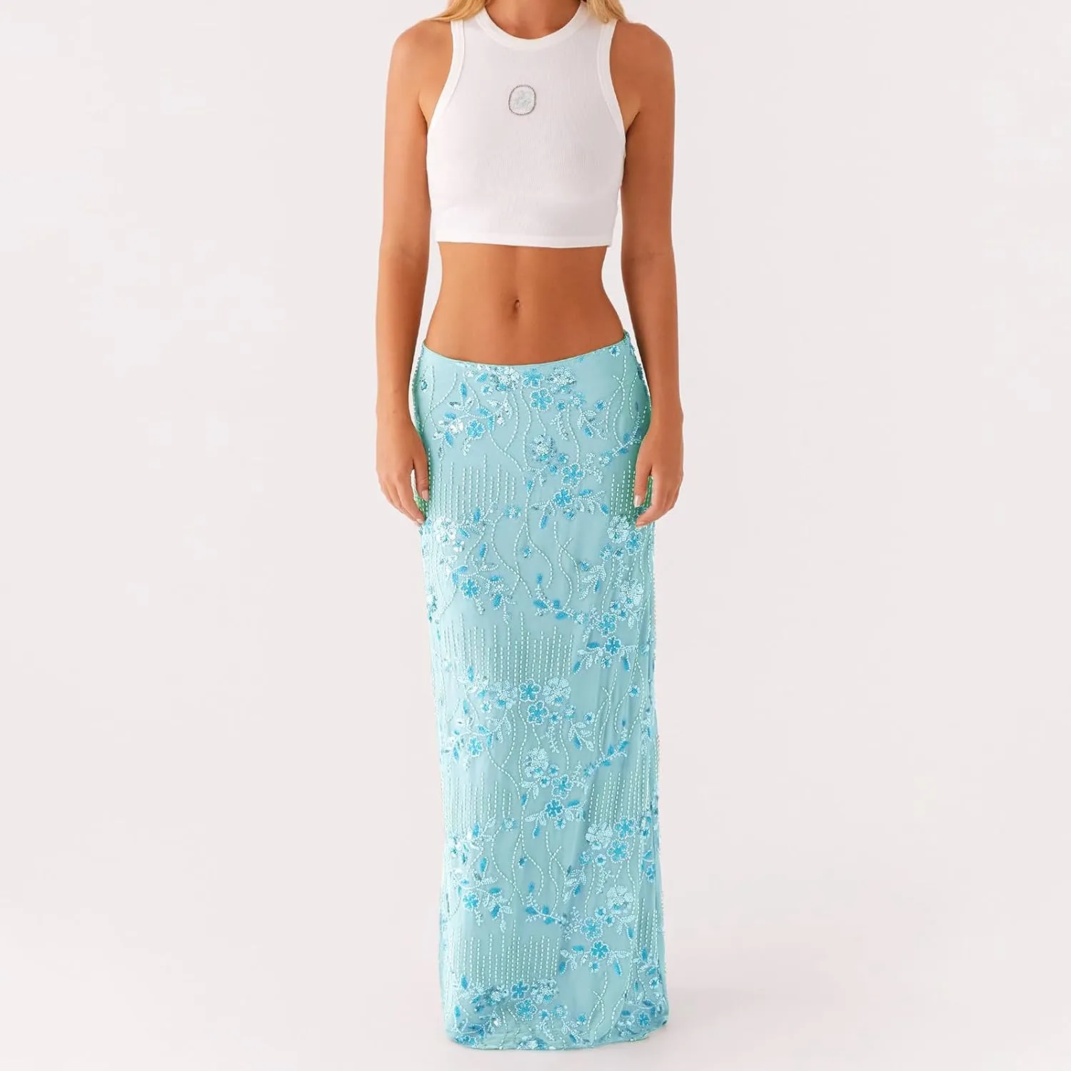 Women Y2k Sequin Long Skirt Bead Floral Embroidery Maxi Skirt Low Waist Rhinestone Glitter Bodycon Club Skirt