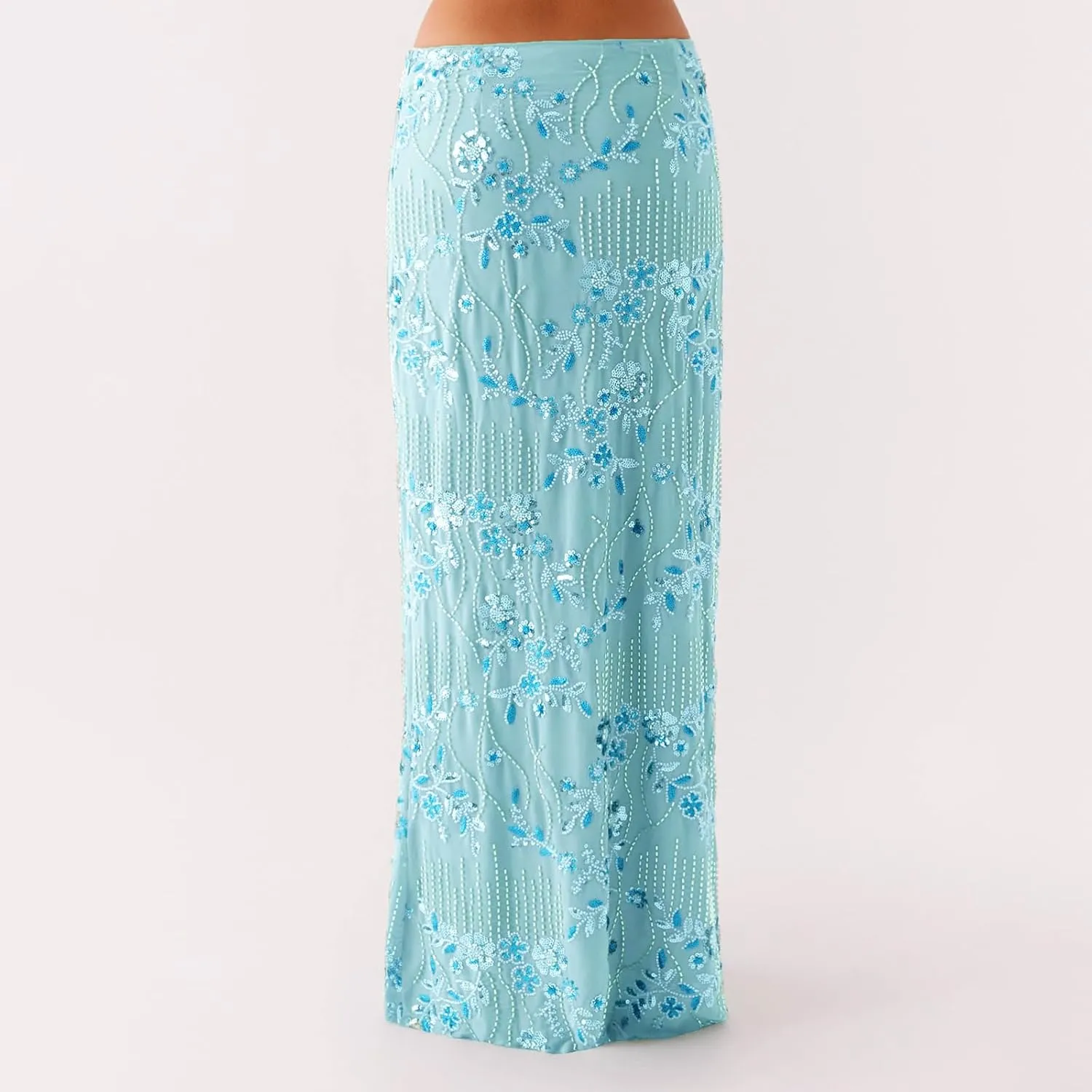 Women Y2k Sequin Long Skirt Bead Floral Embroidery Maxi Skirt Low Waist Rhinestone Glitter Bodycon Club Skirt