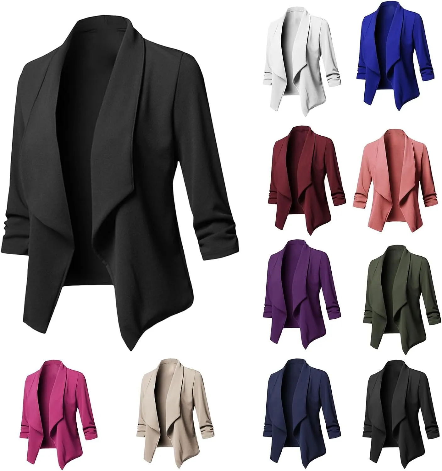 Womens Casual Blazers Stretch 3/4 Gathered Sleeve Blazer Jacket Open Front Cardigan Jacket Work Office Blazer