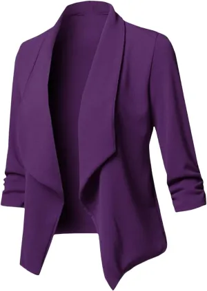 Womens Casual Blazers Stretch 3/4 Gathered Sleeve Blazer Jacket Open Front Cardigan Jacket Work Office Blazer